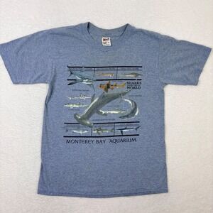 Monterey Bay Aquarium Sharks of the World Graphic T Shirt Size Small Blue Y2K